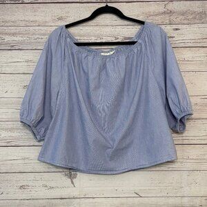 Maeve BlueWhite Microstripe‎ Oversized Peasant Crop Top Med